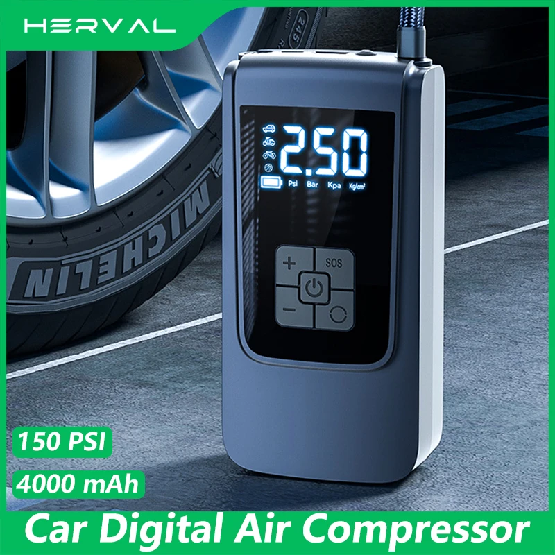 Herval Portable Air Compressor Air Pump 150PSI 6000mAh Car Tire Digital Electric Inflator Pump for Car Motorcycles Bicycles Ball