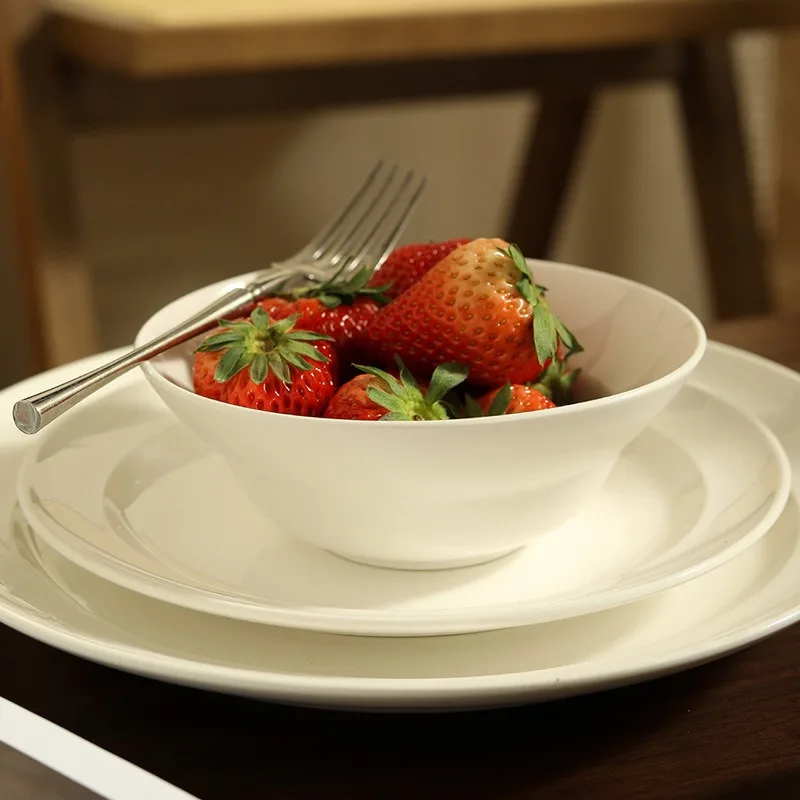 

Minimalist White Ceramic Bowls Modern Dining Collection Fine Porcelain Plates Microwave and Dishwasher Safe