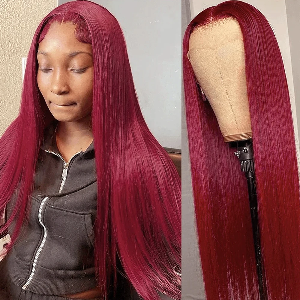 34 بوصة 99j بورجوندي الباروكات شعر الإنسان 13x4 HD الدانتيل أمامي باروكة من شعر طبيعي 250% الكثافة قبل قطعها مستقيم شعر مستعار أحمر اللون #1