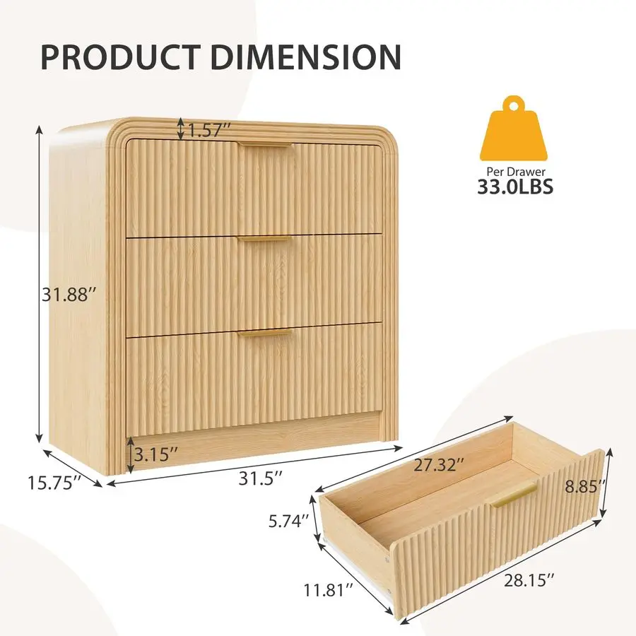 ตู้ลิ้นชัก 3 ชั้น สูง 31.8 นิ้ว สำหรับห้องนอน ตู้ลิ้นชักไม้สไตล์โมเดิร์นพร้อมขอบมนและมือจับโลหะ โต๊ะข้างเตียงขนาดใหญ่
