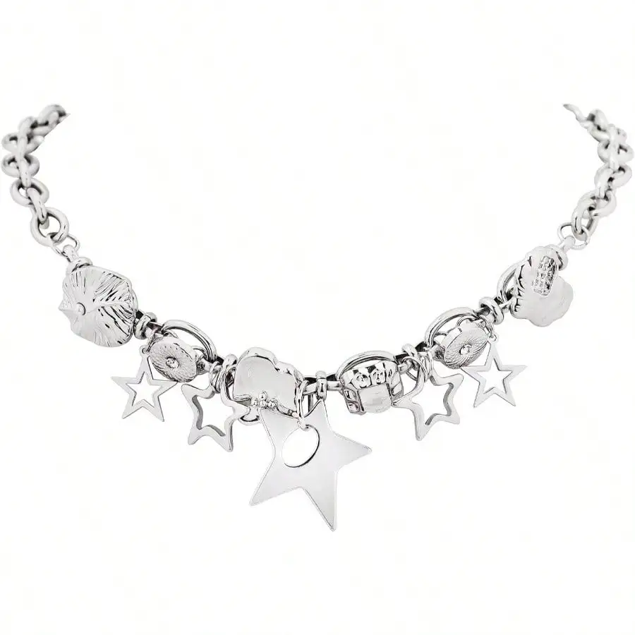 

Silver-Tone Chunky Choker Necklace with Star Charms and Textured Beads