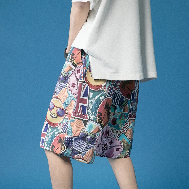 

Summer Ice Silk orts Men's Thin Beach Pants Casual Five-Quarter Length Spor Floral Print Mid-Waist Loose Fit Polyester