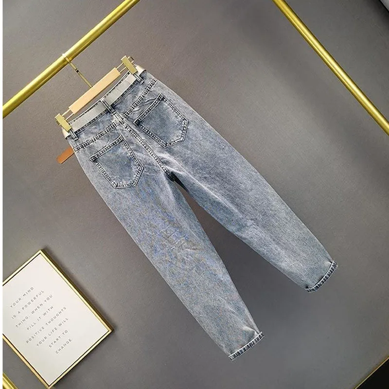 Women\'s Fashion Jeans Ripped Jeans New Loose High Waist Jeans Beads Rhinestones Harem Pants Female Street Holes Denim Trousers