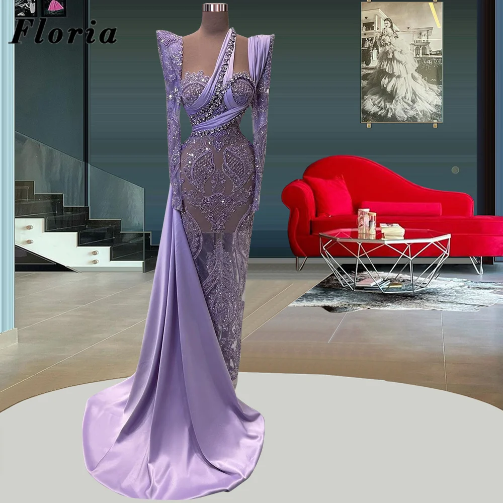 

Beaded Purple Long Sleeves Prom Dress Side Train Cocktail Dress Custom Made Vestidos De Cóctel Crystals Party Evening Dress Robe