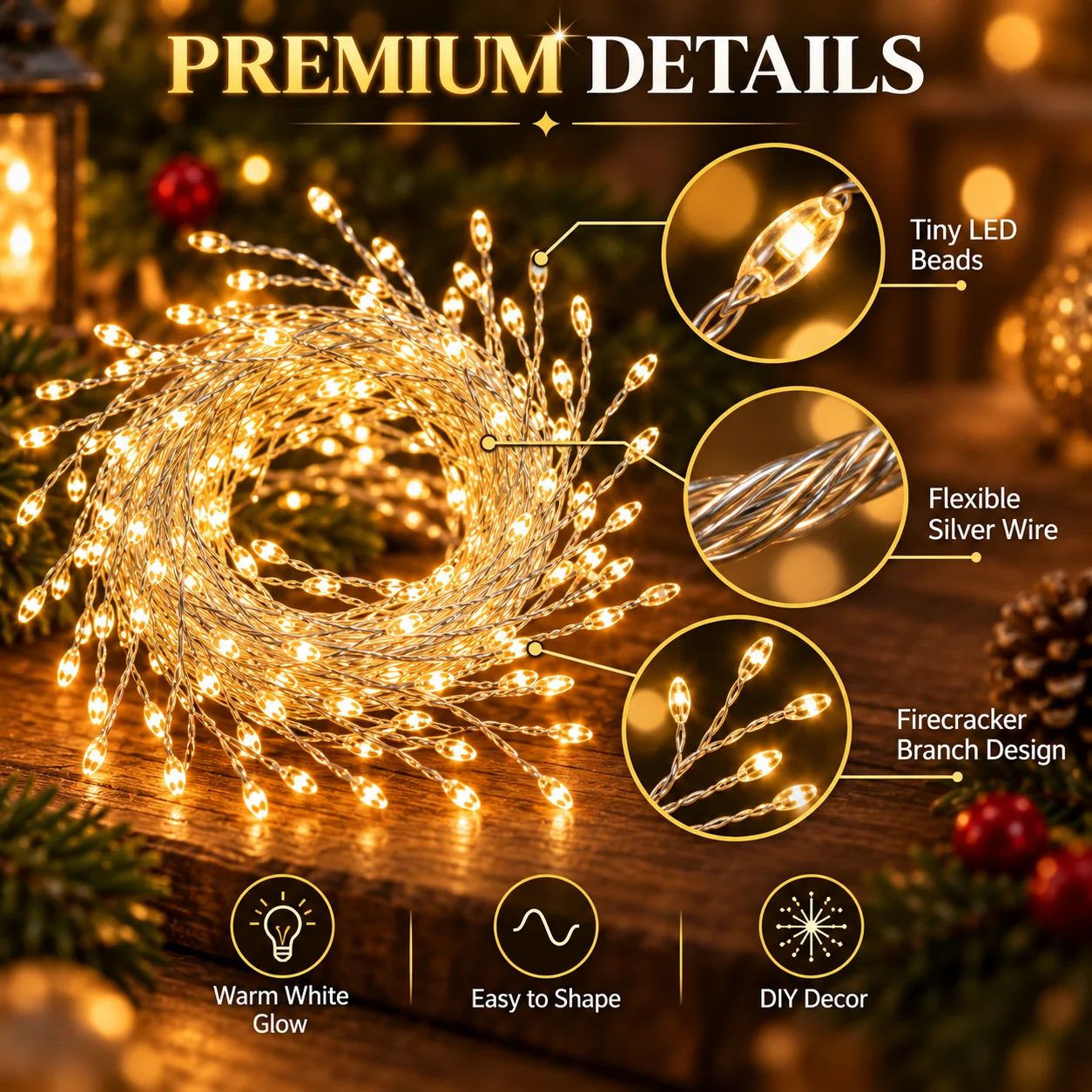 Christmas Cluster Lights USB Firecracker String 3M/100LED 6M/200LED 8 Modes for Tree Window Bedroom Party Holiday Decor