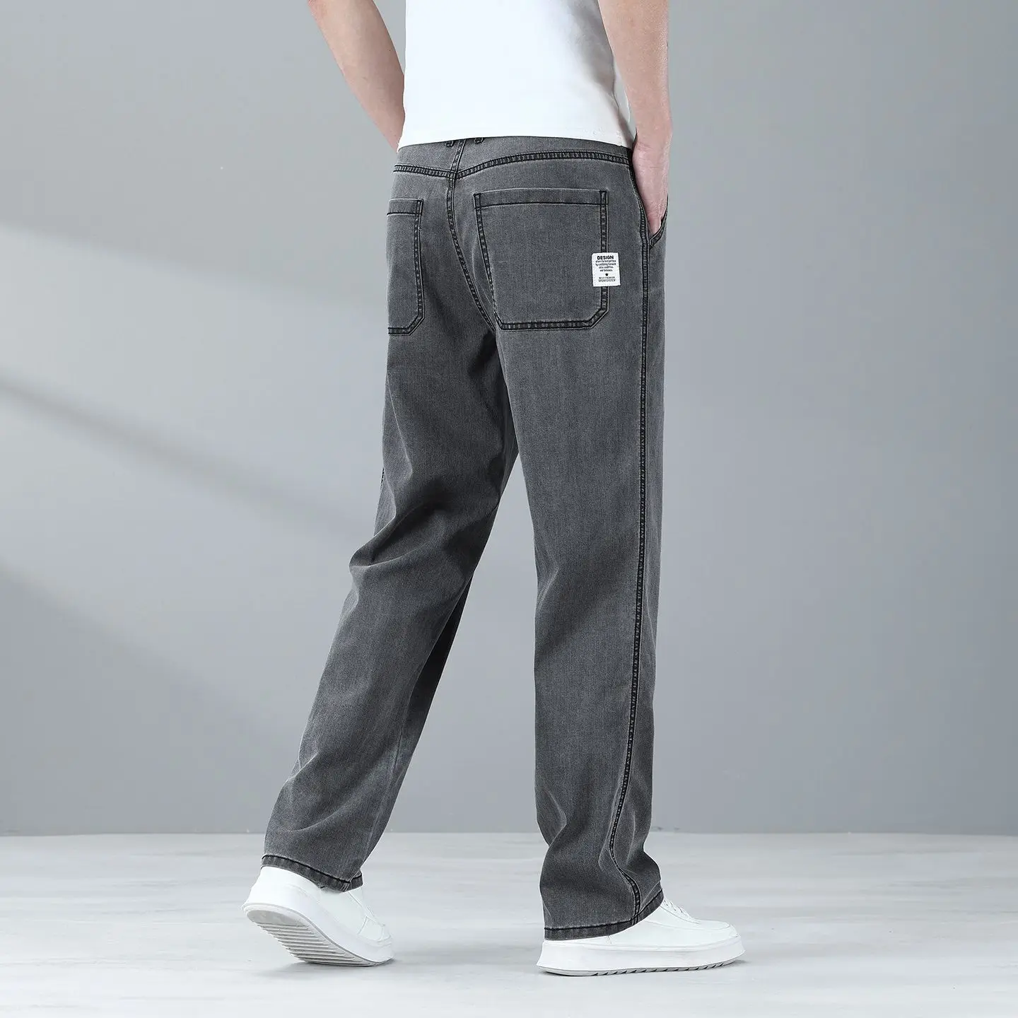 

Summer Thin Men's Jeans Lyocell Fabric Soft Breathable Straight Denim Pants Brand Man Elastic Ice Silk Casual Trousers Grey Blue