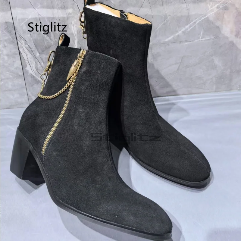 

Black Suede Chain Boots for Men High Heeled Men's Boots Luxury Genuine Leather Ankle Boots Zipper Winter Male High-Top Shoes