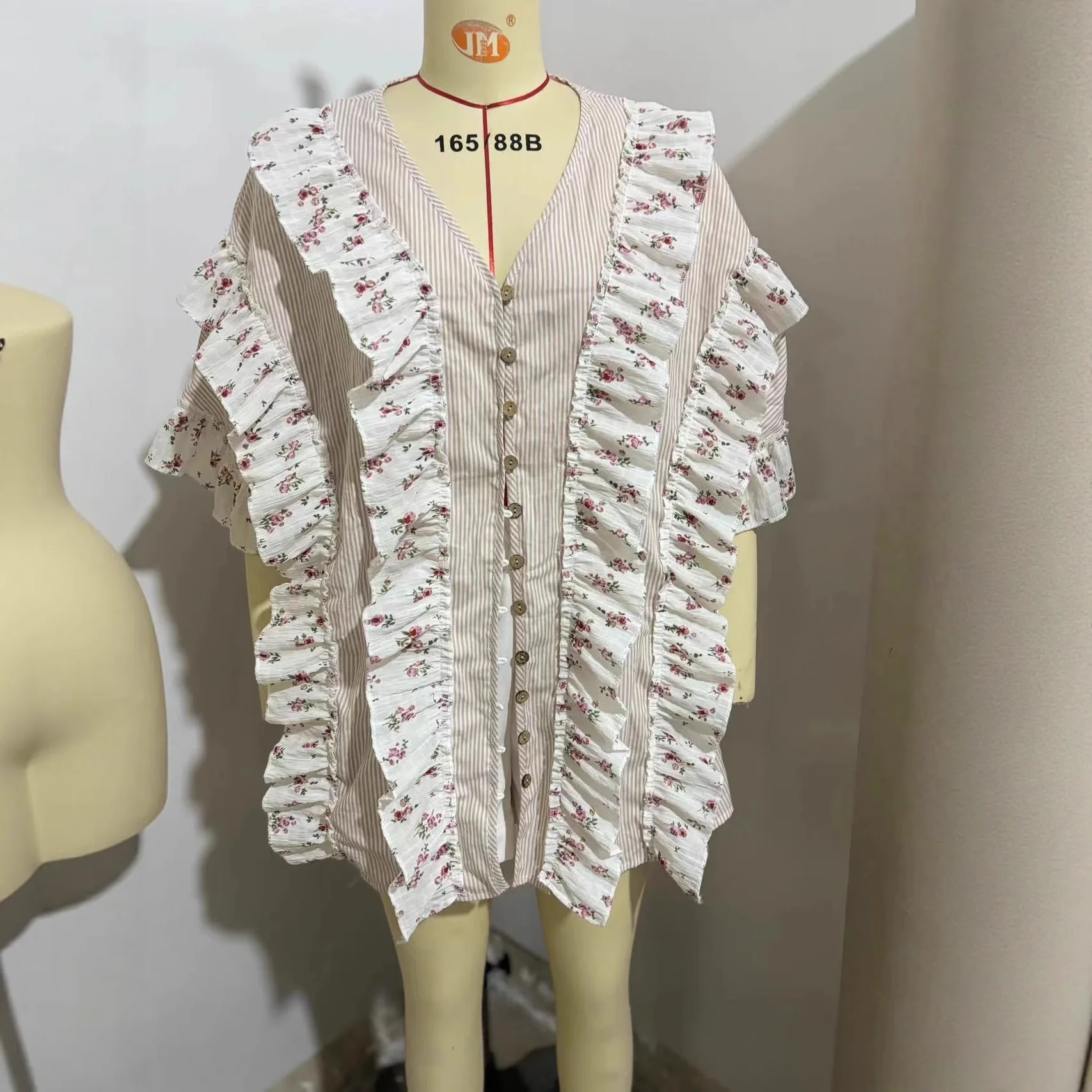 2025, dameskleding, patchwork, digitale print, V-hals, overhemd met korte mouwen