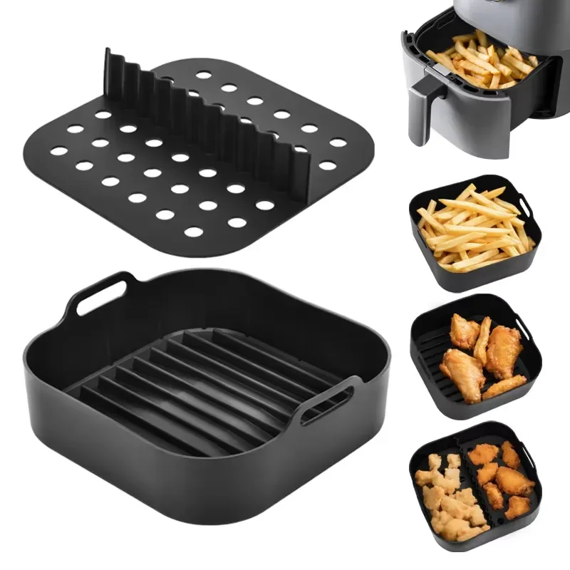 Reusable Square Silicone Air Fryer Liner with Divider Baking Pot Kitchen Cooking Tools Non Stick Heat Resistant Accessories