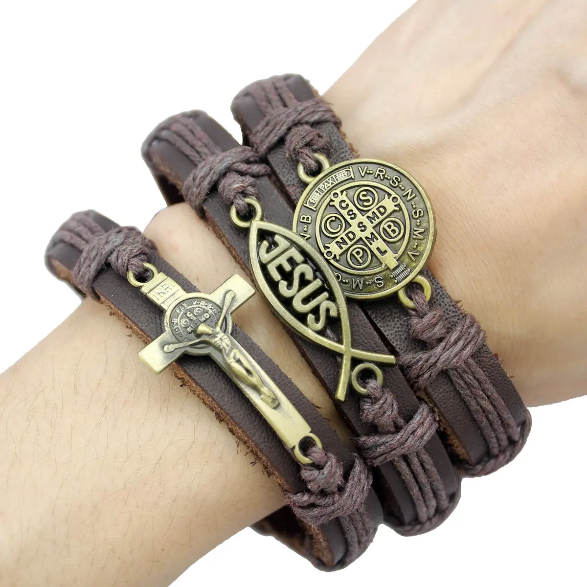 Jesus Faith Catholic Religious Cross Crucifix Bible Medal Leather Bracelets Fashion Women Men Charm Bangle Jewelry Adjustable