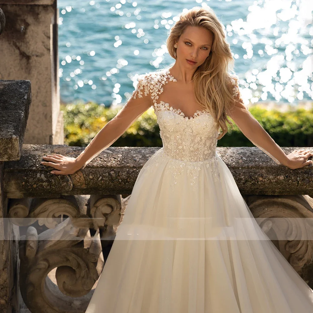 Flavinke personalizado querida manga longa rendas vestidos de casamento do vintage apliques frisado tribunal trem princesa uma linha vestido de noiva