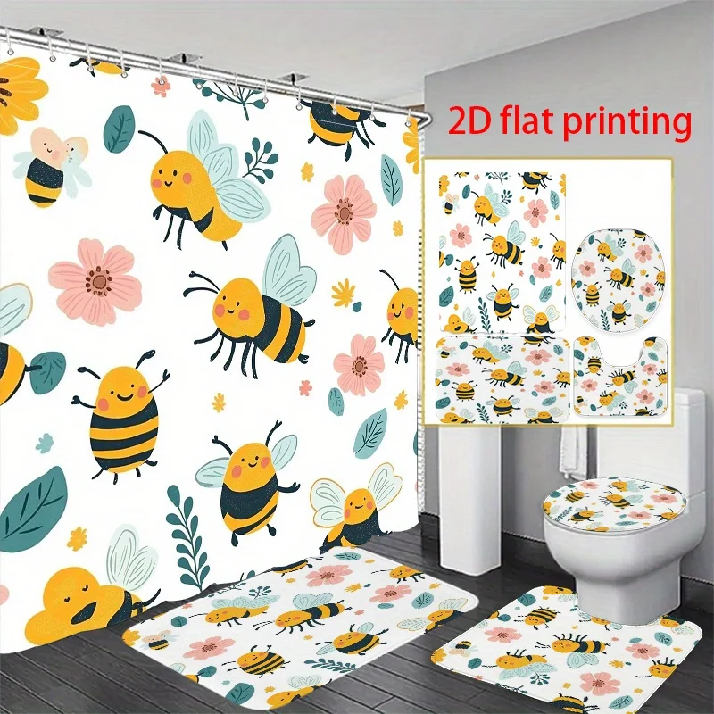 

4 шт., 2D плоская печать, занавеска для душа, набор занавесок для душа с изображением пчелы и цветочного узора. Б/у общежития, мотели, спорт