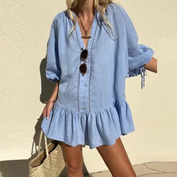 Spring Summer Solid Color Pleated Shirt Dress Women's Fashion Button Beach Dresses Blue Deep V 3/4 Sleeved Loose Dress Vestidos