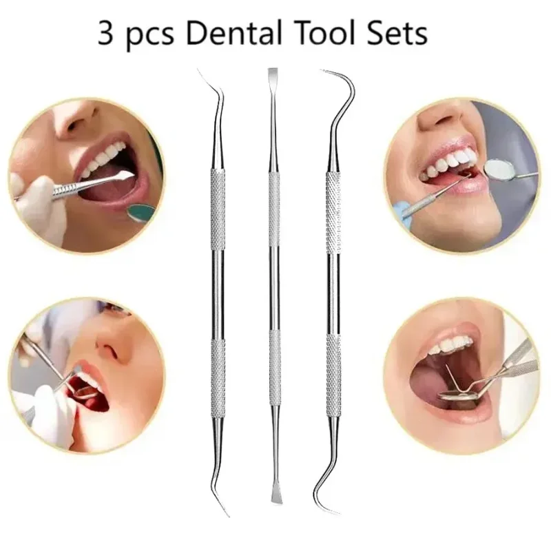 3PCS Stainless Steel Dental Tools Double Probe Oral Mirror Dental Tools Set Tooth Care Oral Cleaning Oral Dental Cleaning Kit