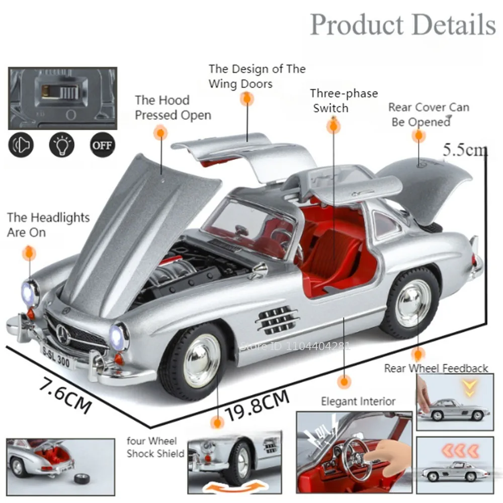 1:24 300SL 500K Alloy Vintage Cars Diecast Models Doors Opened Sound Light Pull Back Front Wheel Steering Miniature Car Boy Gift