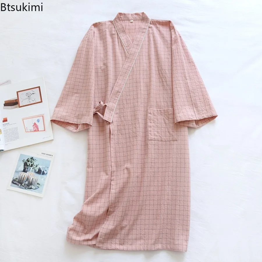 2025 Summer Couple's Home Sleeping Robe Thin Cotton Men and Women Washed 100% Cotton Bathrobe Plaid Comfortable Ladies Pajamas