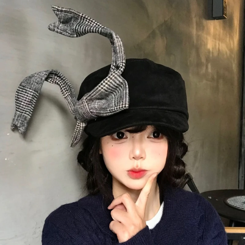 Nischen-Koreanische dreidimensionale Karomuster-Bow-Beret-Mütze, Herbst- und Winter-Modell, personalisierte, warme, literarische Malermütze im britischen Stil für Damen – Detail 2