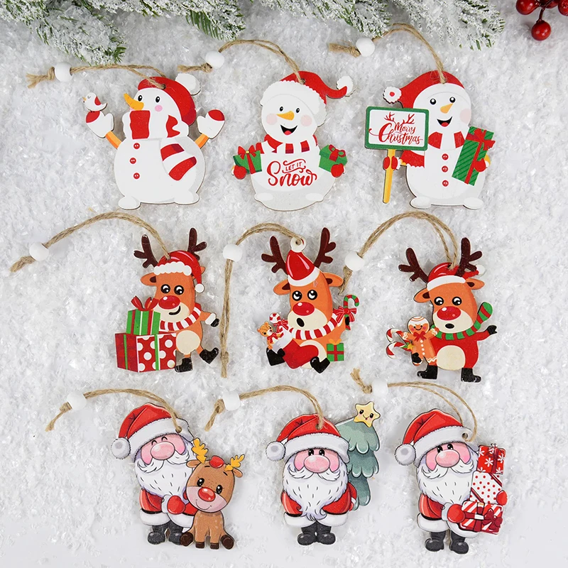 9pcs Wooden Cartoon Square Grid Santa Claus Snowman Reindeer Figurine Christmas Gift Christmas Tree Ornament Navidad Pendant