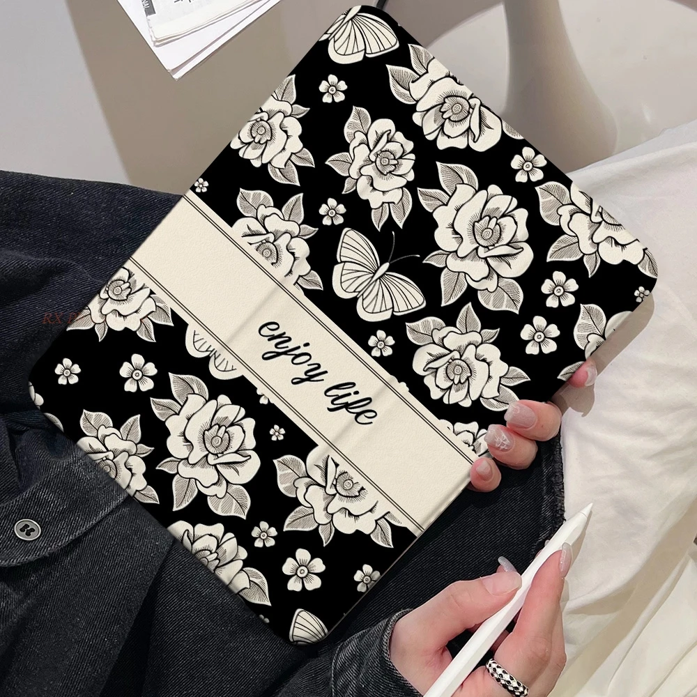 Ins Butterfly Rose Table Case For Samsung Tab S9 Plus S9 FE Plus S10 Plus A9 A11 Plus S7 Plus S8 Plus A8 S7 FE S6 Lite Tri-fold