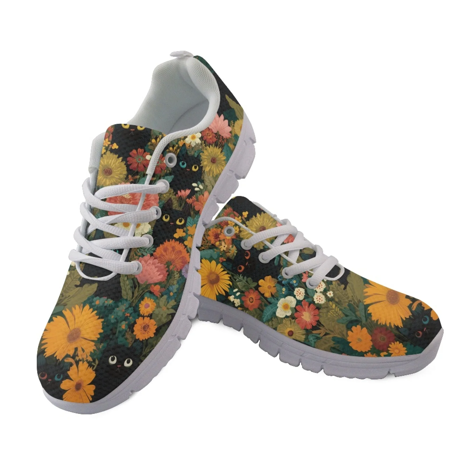 Coloranimal Lightweight Breathable Tennis Shoes for Men Outdoor Walking Shoes for Jogging Floral Cat Pattern