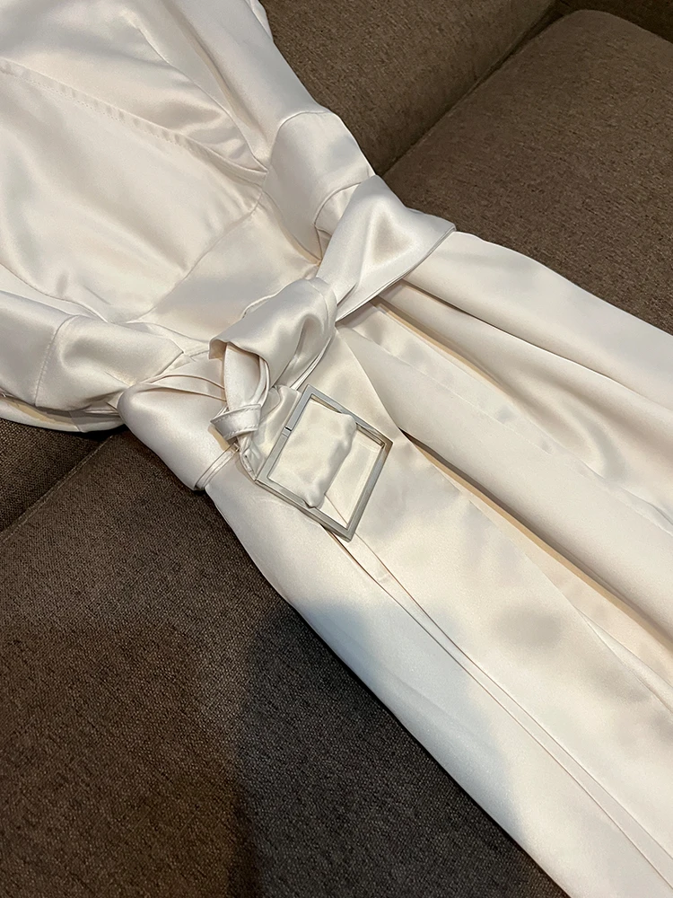 Ele الأبيض الساتان السراويل واسعة الساق دعوى عالية الخصر السراويل الطويلة فرقة الخريف الشتاء Faionable فريد الراقية Quali #3