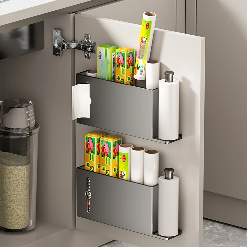 No‑Drill Cabinet Door Hanging Storage Rack, Kitchen Organizer for Cling Film, Garbage Bag and Oil‑Absorbing Paper