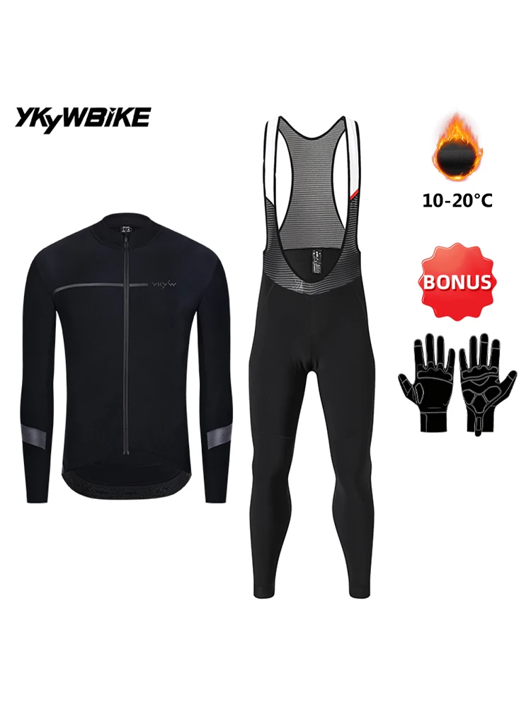YKYWBIKE Herren-Radsportbekleidung Winter 10-20 ° C Fahrrad-Sets Rennrad-Latzhose Anzug Langarm-Radtrikot Kleidung