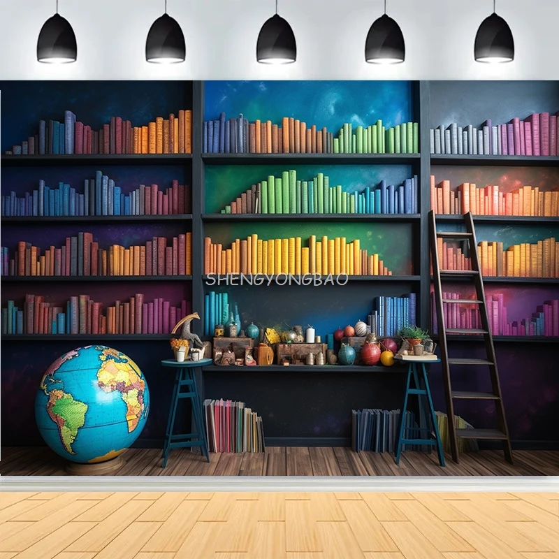 

Books Globe Bookshelf Teacher Holiday Photography Backdrops Children Back to School Room Decor Photo Studio Background GO-02