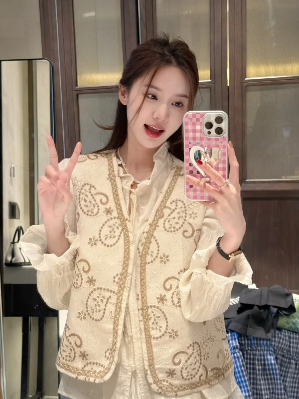 

Новый китайский жилет в стиле Heavy Industry с цветочным узором, нежный, весенне-летний, открытый кардиган из полиэстера, женский жилет