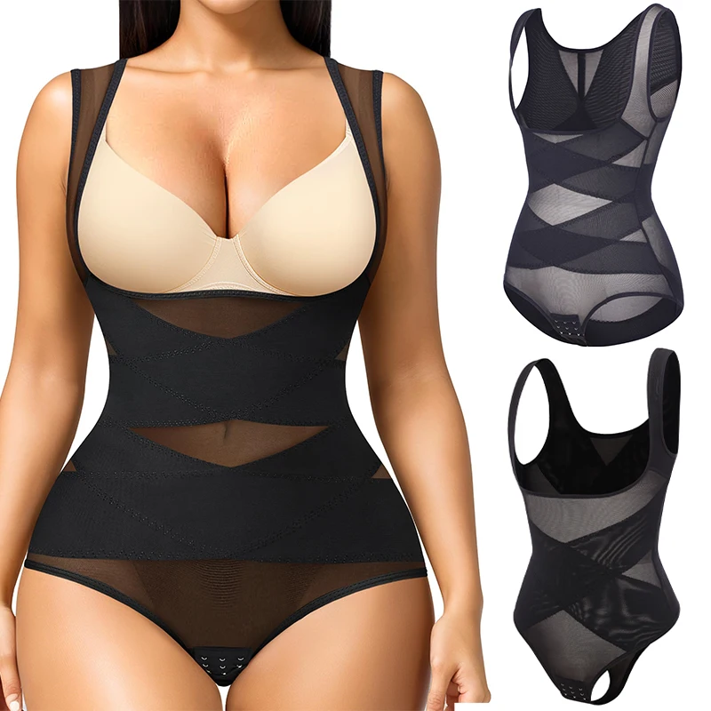 Mesh Shapewear Bodysuit for Women Tummy Control Waist Trainer Butt Lifter Panties Slimming Body Shaper Open Bust Underwear 2024