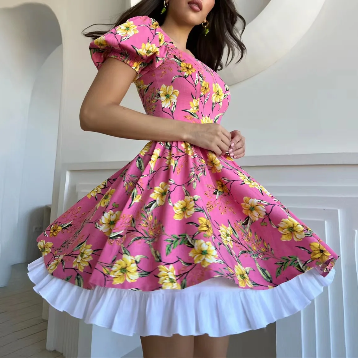 섹시한 스퀘어 넥 플로럴 드레스, 하이웨이스트 A라인 스커트, 출퇴근용 지퍼 클로저 드레스