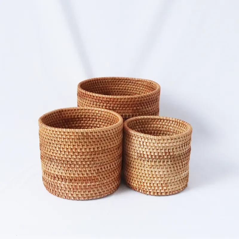 Natural Rattan Storage Basket Set 3pcs Round Woven Organizer Bin for Home Decor Vietnam Handmade Craft Laundry Toy Holder