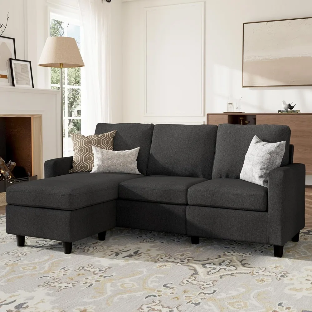 

Space - Saving Convertible L Shaped Sectional Sofa with Reversible Chaise in Sleek Black for Small Spaces