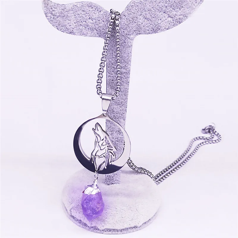 القمر الذئب الطبيعي الأرجواني كريستال قلادة من الفولاذ المقاوم للصدأ الحيوان قلادة قلادة النساء/الرجال المجوهرات cadenas mujer N7096S02