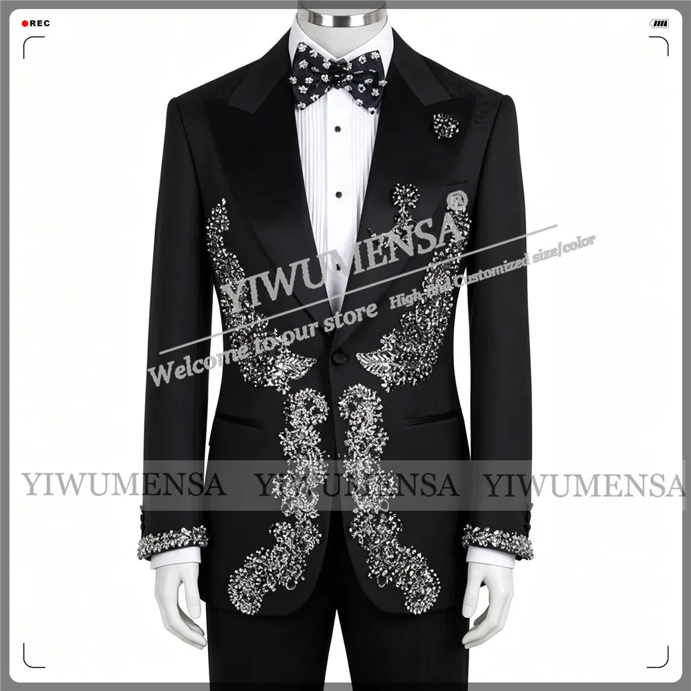Exclusive Wedding Suits For Men Slim Fit Beaded Stones Jacket Trousers 2 Pieces Sets Groom Formal Wear Tuxeods Customized Outfit