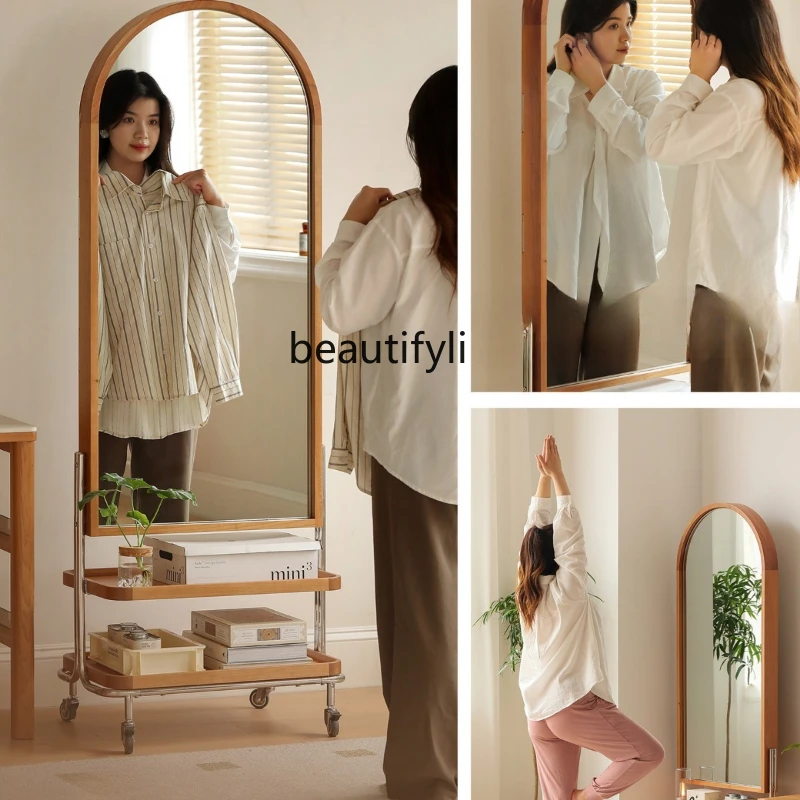 

Full-Length Storage Mirror Movable Storage Magazine Rack Solid Wood Dressing Mirror Floor Mirror