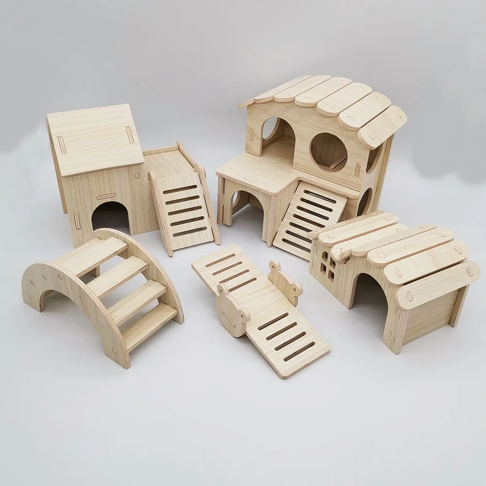 Pet Small Animal Hideout Hamster House Luxury Two Layers Wooden Hut Climbing Playing Chews Toys for Dwarf Mouse Gerbil