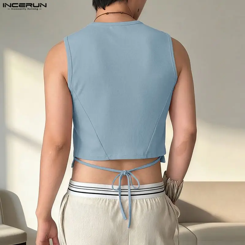 INCERUN Men Tank Tops Solid O-neck Sleeveless Male Crop Tops Lace Up Summer Streetwear 2026 Fashion Casual Vests Men Clothing