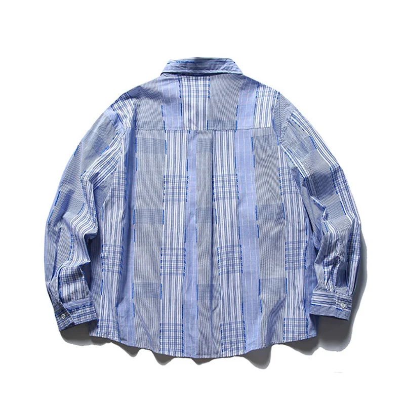 2024 New Cityboy Splice Plaid Shirts Men Japan Korean Streetwear Fashion Oversize Loose Casual Long Sleeve Shirts Blouses