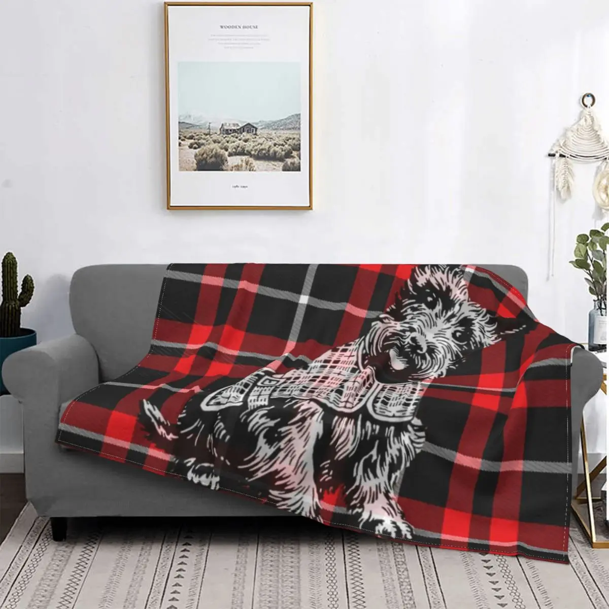 Scottish Terrier Dog On Red And Black Tartan Plaid Blanket Soft Fleece Flannel Scottie Pet Throw Blanket for Sofa Travel Bedding