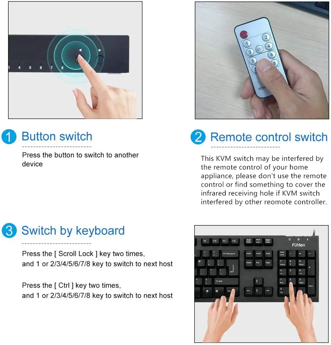 AIMOS HDMI przełącznik KVM, 8 w 1 Out przełącznik udostępniania monitora klawiatura z myszką HDMI przełącznik 4K do 30Hz do laptopa, PC, PS4