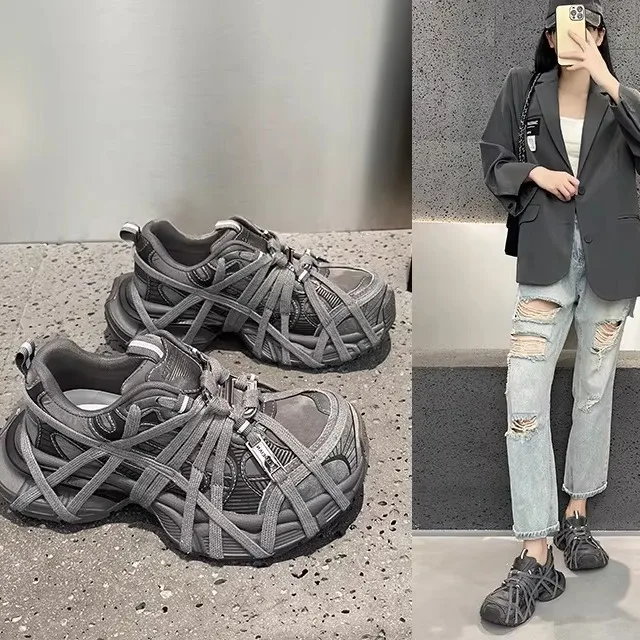 

Women's Casual Sports Shoes Breathable Thick Bottom Leisure Sports Shoes Cross Buckle Dad Shoes Soft Leather Low Cut Sneakers