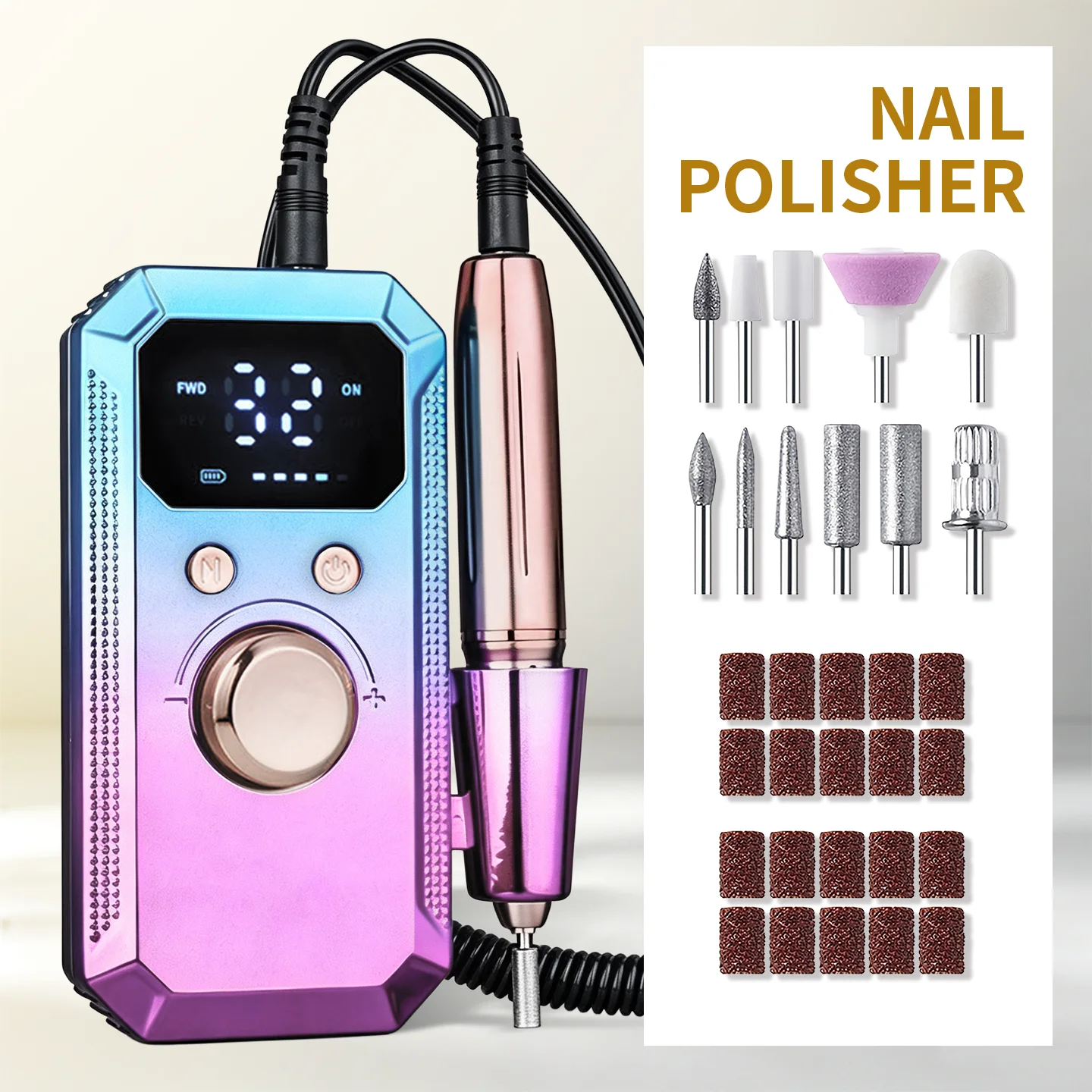 Portable, Rechargeable Electric Nail Drill with a 1600mAh Battery. Suitable for Filing and Shaping Gel Nails. Includes 11 Drill Bits and 20 Sanding Bands. Ideal for Both Professional Salon Use and At-Home Care; a Perfect Gift for the Holidays.