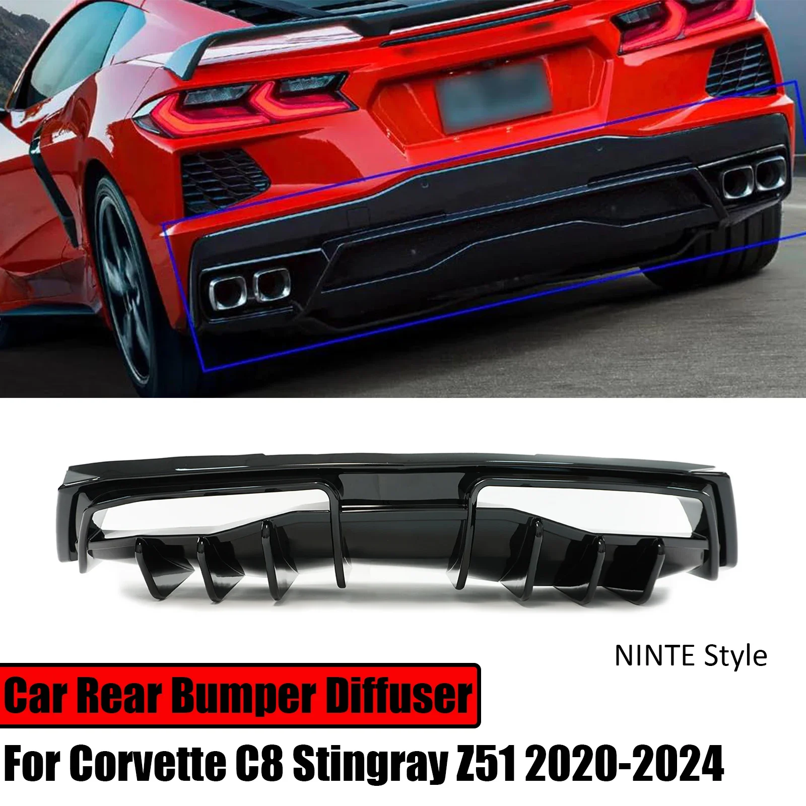 Car Rear Bumper Diffuser For Chevrolet Corvette C8 Stingray Z51 2020-2024 NINTE Style Spoiler Splitter Glossy Black Accessories