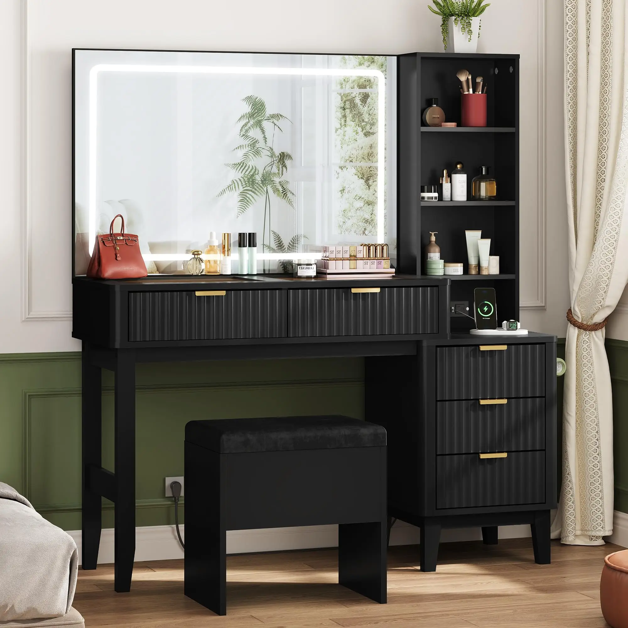 Black Desk with Glass Top, LED Mirror and Adjustable Lights