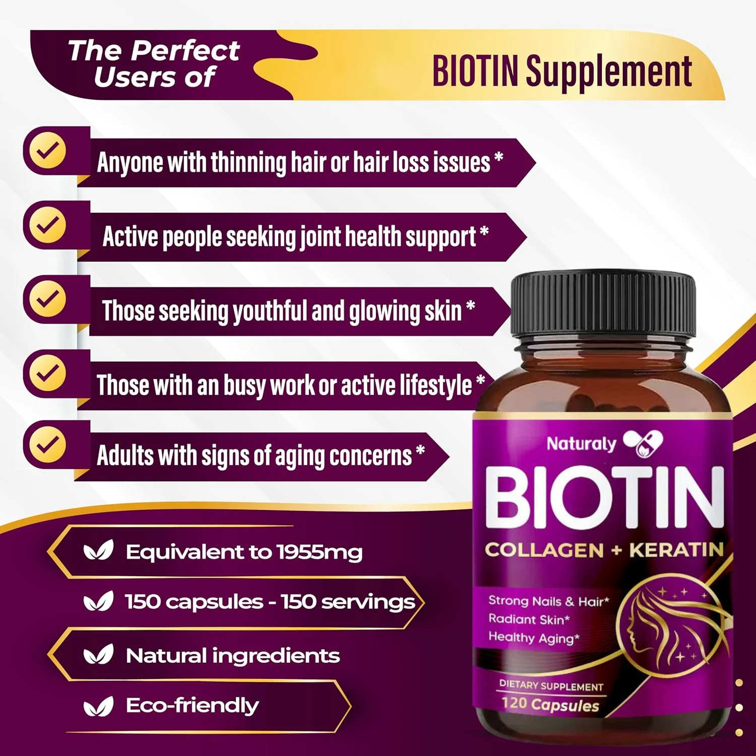 Collagen Biotin Capsules, Promotes Hair Growth, Strengthens Weak Nails, Anti-Aging, Supports Joints & Bones