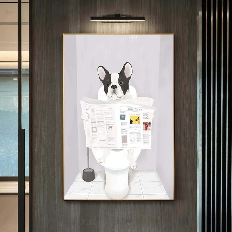 French Bulldog In Toilet Canvas Paintings Reading A Newspaper Posters Prints Wall Art Picture for Living Room Decoration Cuadros