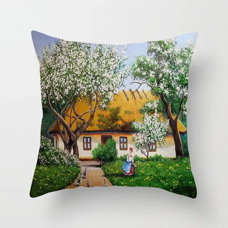 Retro Sofa Chair Home Decoration Oil Painting Pillowcase Pastoral Scenery Flower and Bird Cushion Cover Living Room Ornament