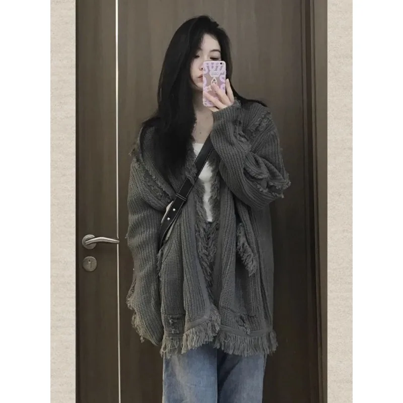 QWEEK Vintage Sweater Harajuku Fashion Women\'s Jumper Oversize Cardigans Korean Streetwear New Knitted Grey Sweaters Autumn Chic