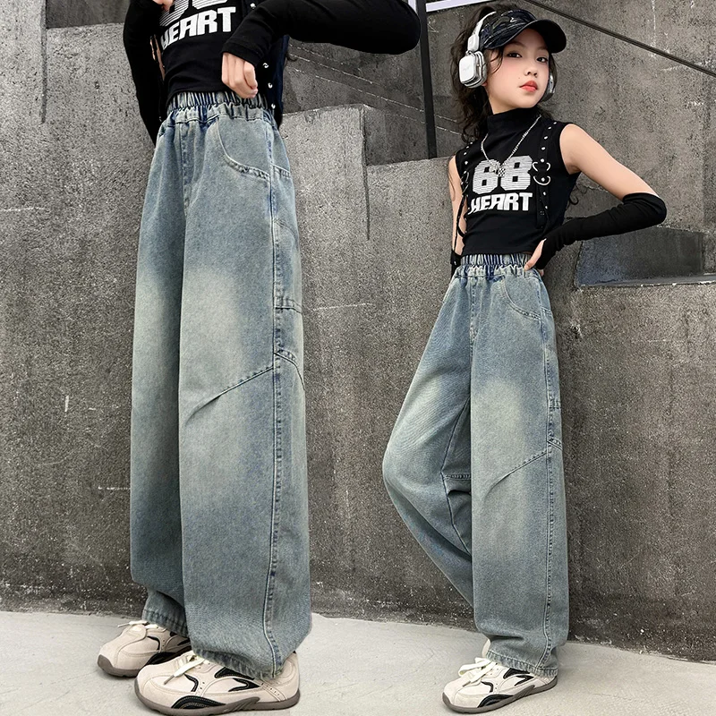 New Fashion Children Curved Jeans for Tween Girls High Fashion Street Carpenter Denim Pants Kids Stylish Jeans Trousers 4-14 Y